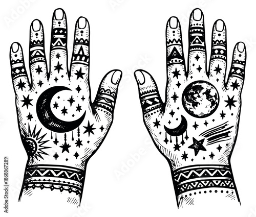 Hand drawn line art esoteric hands set featuring celestial motifs and bohemian patterns for spiritual design