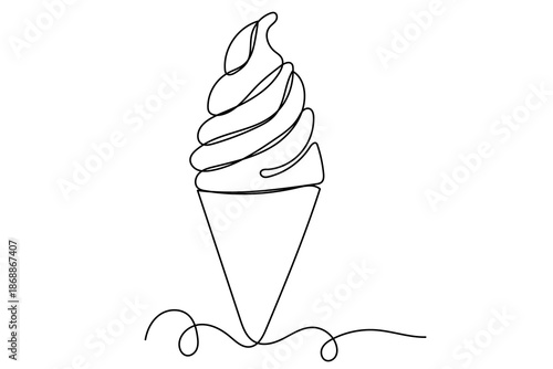 Line Art Ice Cream Food Dish Continuous Line Art Sketch Illustration. Sweet Dessert Tasty Creamy Cake Outline Art Contour. Editable Thin Stroke Sketch Vector Decoration.