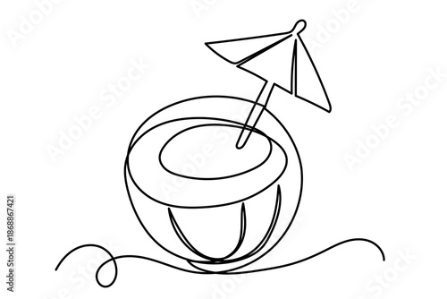 Line Art Cocktail Drink Icon. Outline Summer Cafe Beverage Curly Wavy Silhouette. Doodle Sketch Abstract One Continuous Line Dessert Drawn Contour. Summer Beach Birthday Party Element Design