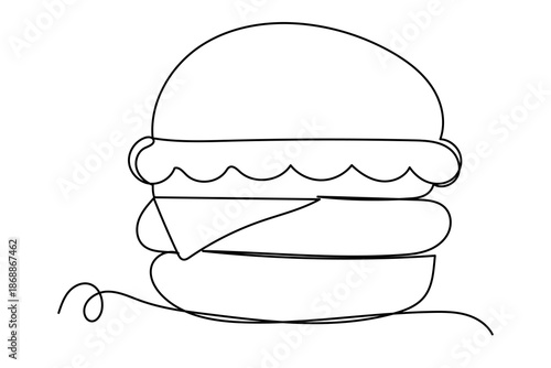 Line Art Burger Sandwich Sketch Illustration. One Continuous Outline Wavy Contour Drawing. Stroke Modern Doodle Food Symbol Icon. Cafe Menu Card Invitation Sketch Contour Design Element