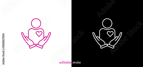 Hand holding human people with heart. Editable stroke man with heart and hands, medical vector design to use for healthcare, healthy lifestyle, medical laboratory, cardiology project.