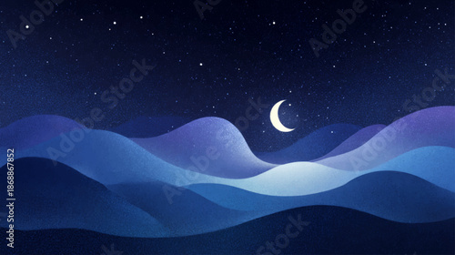 Minimal Crescent Moon and Flowing Starry Waves Forming Elegant Night Sky Background for Meditation and Wellness Branding