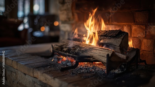 Intimate home scene: flickering flames and charred wood in a warm hearth