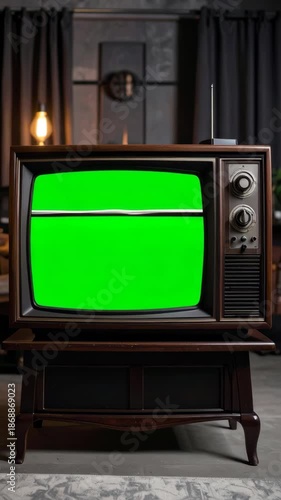 Classic vintage TV with bright green screen for replacement, antique wooden television set in dark ambient setting.