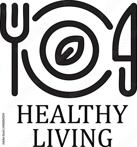 Healthy living logo with fork knife and plate icon featuring a leaf symbol for organic food and wellness isolated on white background