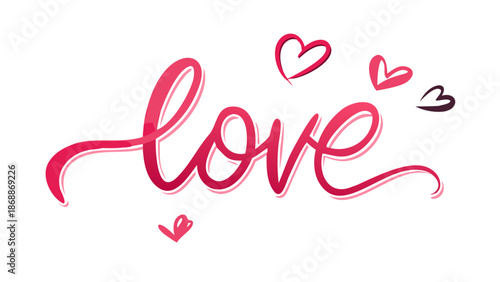 Beautifully handwritten word 'love' in elegant script with small hearts, perfect for Valentine's Day and romantic occasions