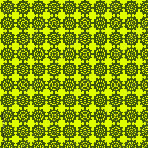Seamless Industrial Pattern of Dark Olive Cogwheels on Neon Yellow Background