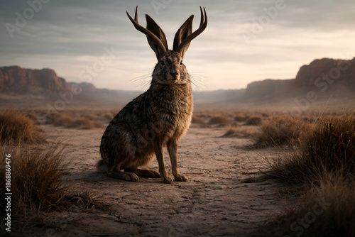 Mythical Jackalope Sitting in Desert Landscape at Sunset