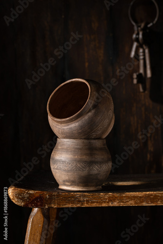 Ceramic kitchen pots on an old bench