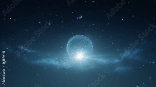 Blue Planet Emerging from Cosmic Nebula Clouds, Dreamlike Galaxy Vector Background for Science, Space Exploration and Futuristic Design