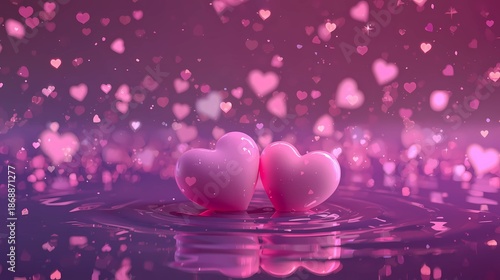 A pair of shiny 3D hearts floating on ripples of pink water against a background of small pink hearts