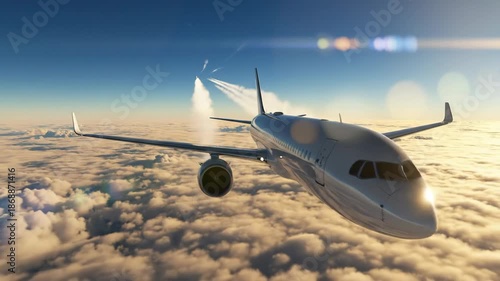 Commercial Airplane Flying High Above Clouds at Golden Hour.