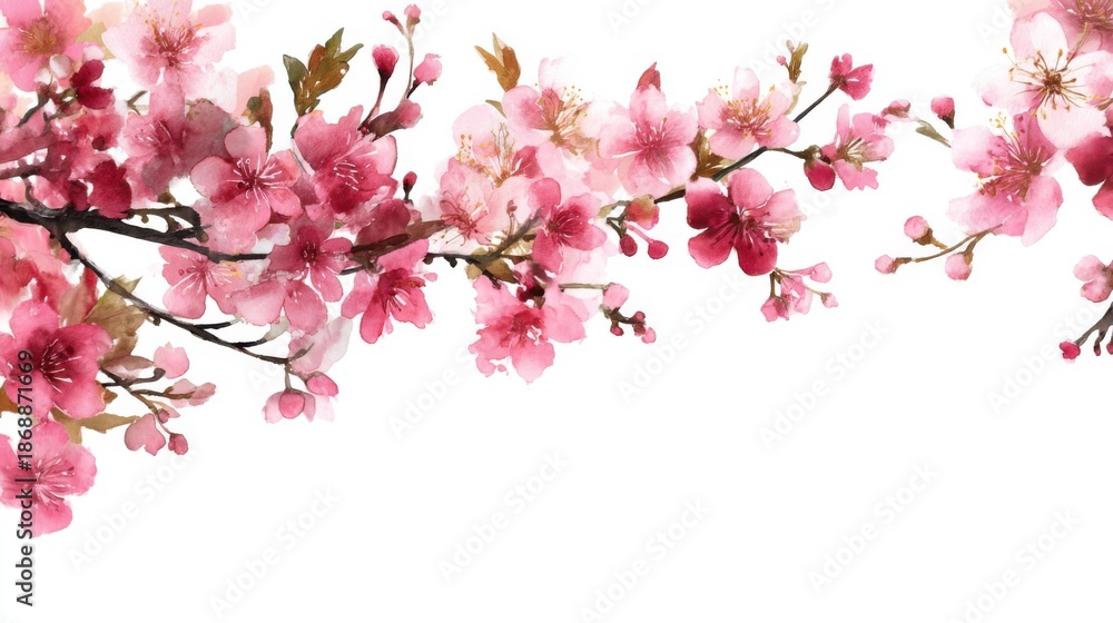 Fototapeta premium Vibrant pink cherry blossom branches on white background.