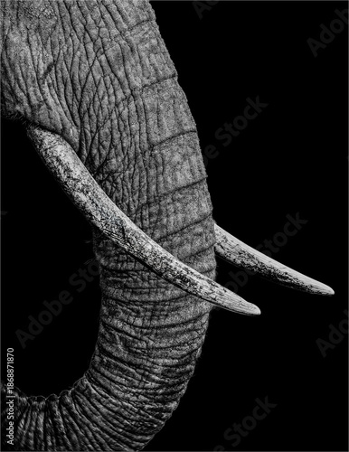 Close-Up of Elephant Trunk and Tusks Against Dark Background, Black and White