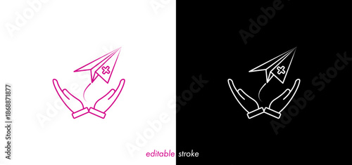 Abstract editable stroke medical paper plane with medical cross and human hands. Line art medical icon to use for health industry, emergency, medical business, hospital, health science projects. 