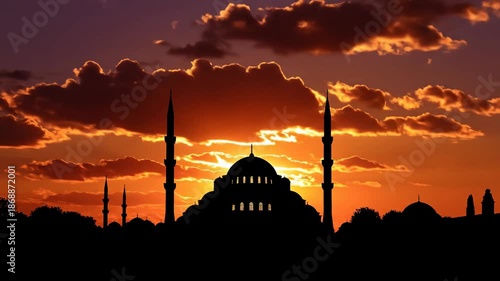 Majestic Sunset Over a Grand Mosque Silhouette with Vibrant Sky.