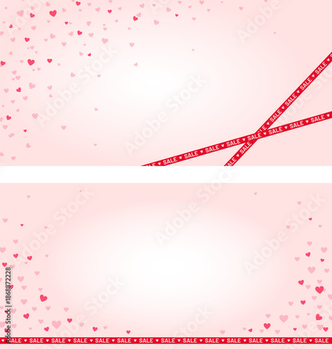 Valentine sale background with soft pink gradient, falling hearts and red sale ribbon. Romantic copy space design for banners, posters, ads, social media promotions and  ecommerce discounts
