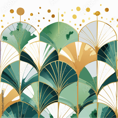Art deco florals in gold watercolor strokes and deep jade washes, luxe repeating botanical beautiful seamless pattern