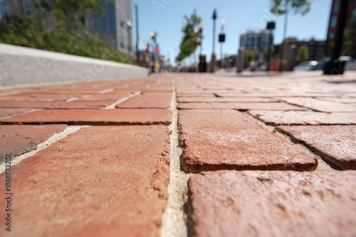 Weathered brick sidewalk with rich color and distinct mortar joints