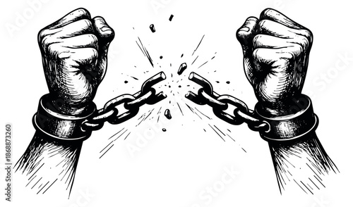 Hand drawn line art illustration of fists breaking a chain depicting strength and freedom for concepts of liberation