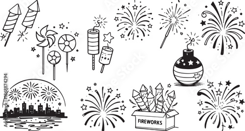 Fireworks and Celebration Vector Set: Hand-Drawn Rockets, Sparklers, Banners, and City Skyline Burst