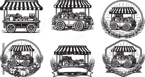 Vintage Farmers Market Cart Emblems Set Black And White Street Stall Produce Badge Vectors