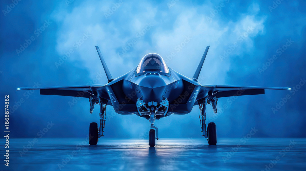 Fototapeta premium Futuristic Stealth Jet in Dramatic Blue Lighting with Fog Background