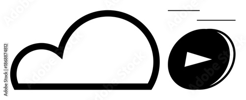Cloud computing, multimedia access, online storage, digital services, streaming technology, data transfer. Black cloud with a circular play button and lines motion. Cloud computing and multimedia