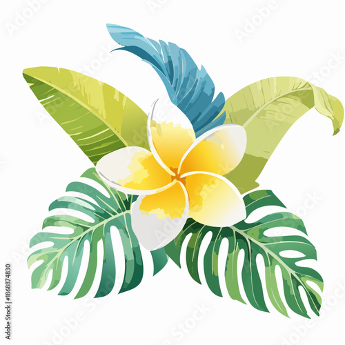 Frangipani and banana leaves in watercolor, creamy yellow + emerald washes, tropical  beautiful seamless pattern
