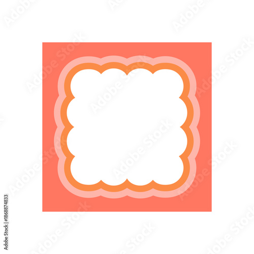 Groovy retro rectangle with scallop wavy border frame and soft outline. Y2k background with box shape and vintage graphic. Playful abstract element in coral orange color for trendy visual design.