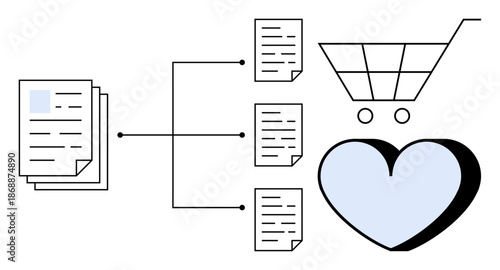 E-commerce, customer loyalty, data organization, retail management, decision-making, digital content. Stack of documents connected to heart and shopping cart icons. E-commerce and customer loyalty
