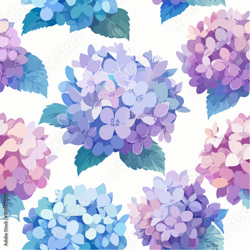 Hydrangea watercolor clusters in blended blue + violet gradients, soft dreamy beautiful seamless pattern