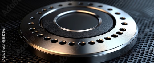 Close-up of a metallic disc with a central ring and several circular holes on a textured surface