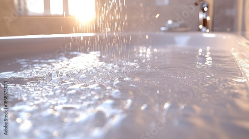 Water cascading into a bathtub. Sunlight streams through a window