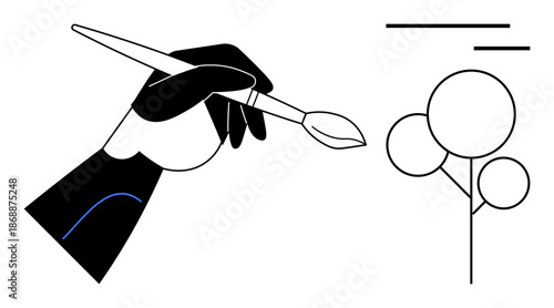 Art creation, design concepts, creativity, minimalism, geometric aesthetics, digital art. A stylized hand holds a paintbrush near a minimalist tree formed with geometric circles. Art creation