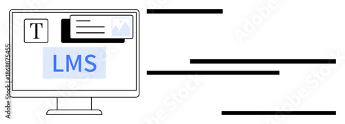 Computer screen with LMS interface featuring text, card, and image content options. Ideal for education, e-learning, online courses, digital tools, knowledge sharing, modern teaching simple flat