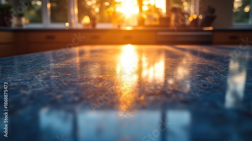 Warm sunlight glints off a blue granite kitchen countertop in a bright, blurred interior