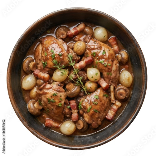 Rich and hearty civet de lapin rabbit stew with red wine, mushroom, onion and bacon in rustic