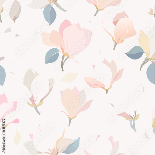 Magnolia watercolor petals in creamy blush tones with soft gray shading, romantic seamless pattern