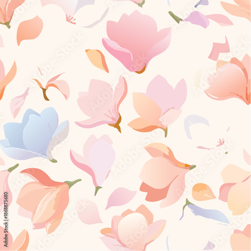 Magnolia watercolor petals with pale blush tones + soft creamy gradients, elegant seamless pattern