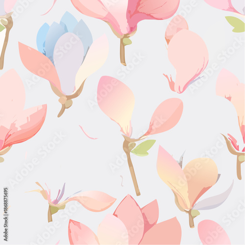 Magnolia watercolor petals with pale blush tones + soft creamy gradients, elegant seamless pattern