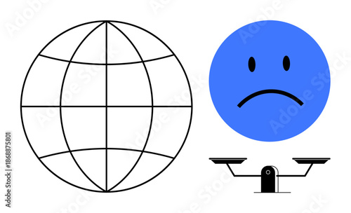 Social justice, global issues, wealth distribution, inequality awareness, economic disparity, activism. Blue sad face, globe balance scale. Social justice and inequality awareness visually