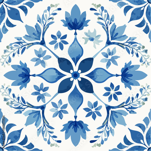 Mediterranean tile florals in cobalt blue watercolor on white, crisp and artistic seamless pattern