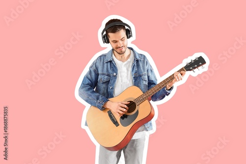 Young bearded man in headph...