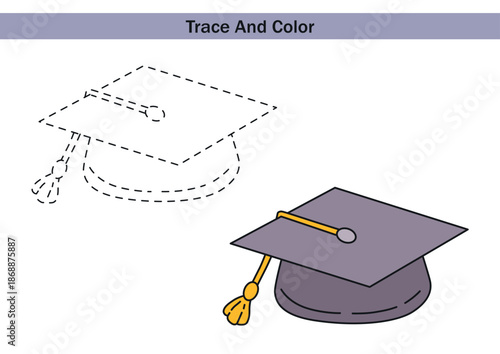 Educational worksheet with a graduation hat to trace and colour color. Dashed outline for tracing and a fully coloured  graduation hat  for kids fine motor skills practice and early learning activitie