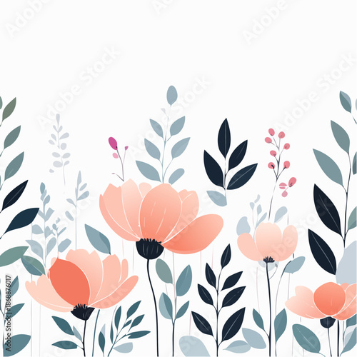 Minimalist watercolor florals with soft charcoal lines and muted pastel background seamless pattern