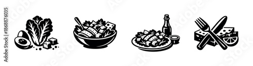 Healthy food vector icon set: salad symbols and nutrition graphics