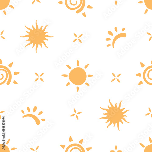 Sunscreen sun seamless pattern in flat style. Sunblock and SPF, summer lotion protection, cosmetic logo on background. Seamless pattern with sunscreen and sun shapes, flat summer background for