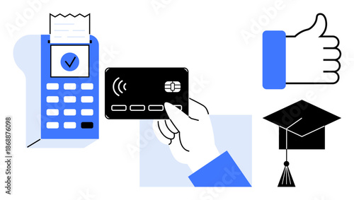 Digital payment. A hand holding a credit card for contactless payment with a POS terminal, graduation cap education, and thumbs-up positive feedback. Ideal for finance, education, ecommerce