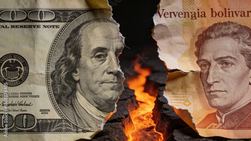 Foto Venezuelan Bolivar and US Dollar: Concept of Economic Crisis, Inflation, and Geo